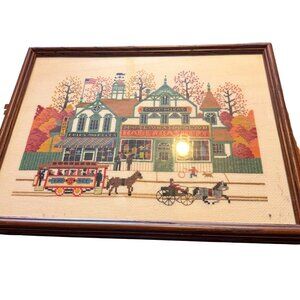 Vintage Framed Cross-Stitch Art Victorian Street Scene Horses Carriage Grandma F